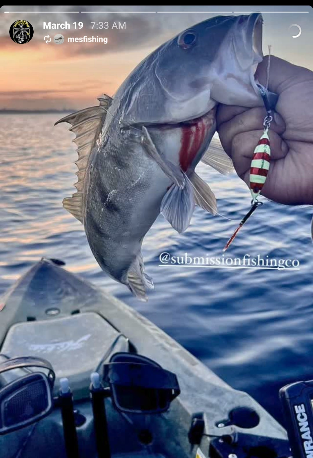 Fishing rod with a caught fish on a boat at sunset