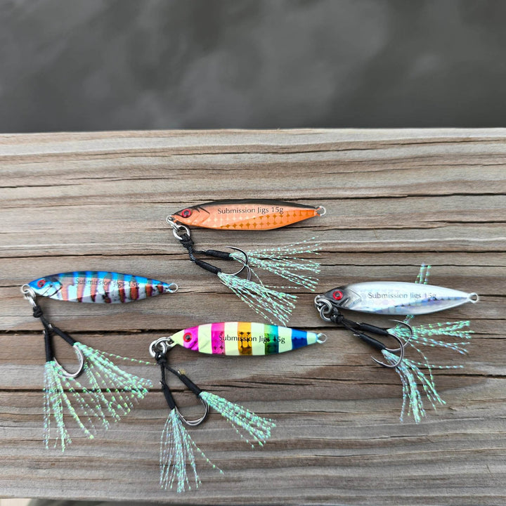 Submission Fishing Mercenary Micro Slow Pitch Jig lineup featuring multiple color options with BKK assist hooks in 10g and 15g sizes.