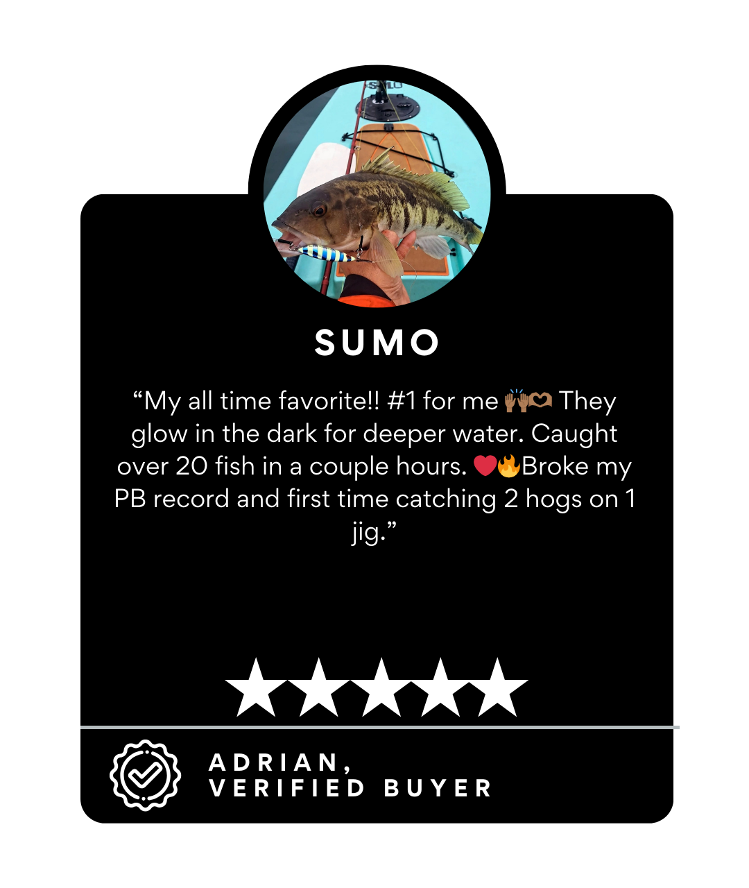 Product review card with a fish and lighthouse illustration, text, and five-star rating.