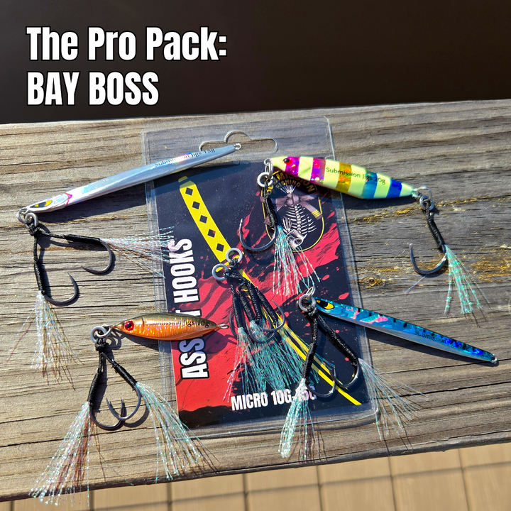 Bay Boss Pro Pack featuring slow pitch fishing jigs and assist hooks for freshwater and saltwater fishing
