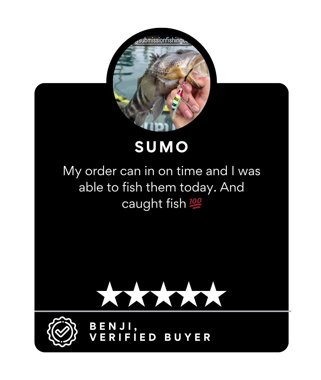 Product card with a fish image, text, and five-star rating on a black background