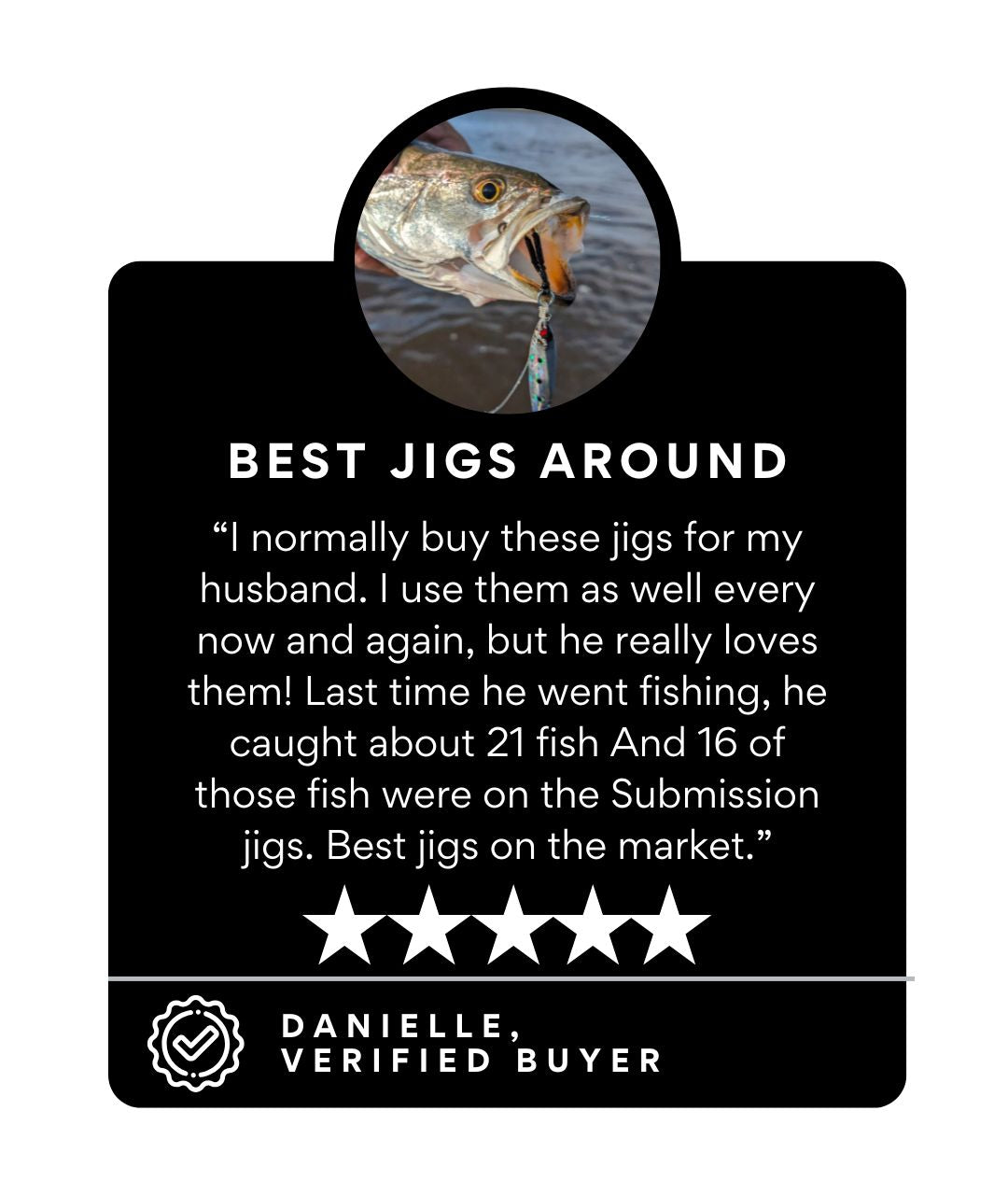 Product review card for fishing jigs with a fish image and customer testimonial.