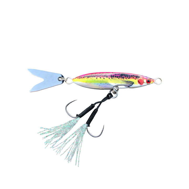 Rainbow Trout Death Blade 15g slow pitch fishing jig with assist hook and flashing fish tail blade on a white background