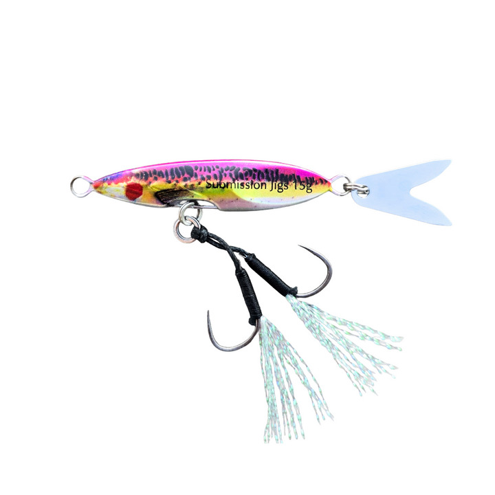 Rainbow trout Death Blade 15g slow pitch fishing jig displayed on a weathered wooden surface