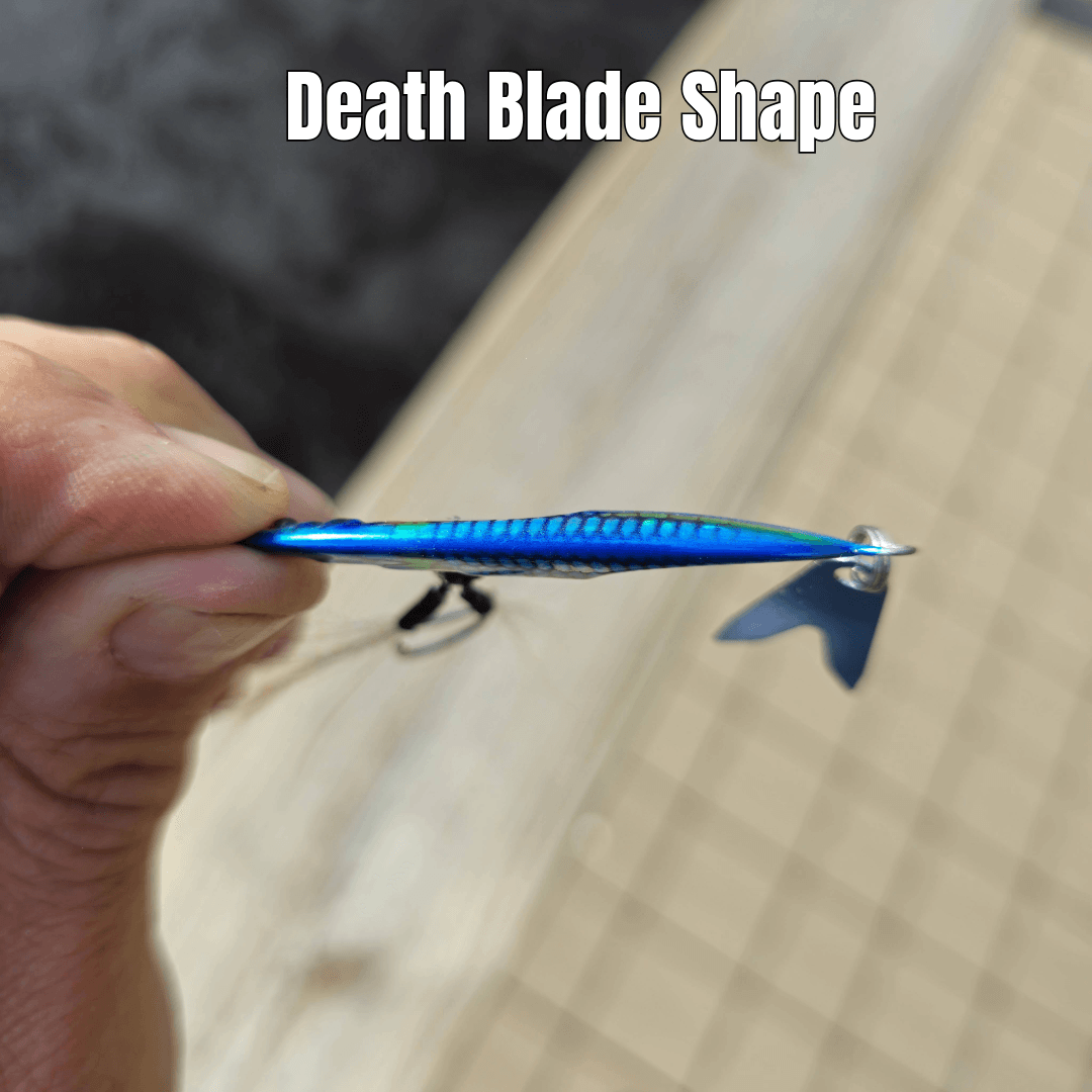 Side profile of the Death Blade slow pitch fishing jig showing its slim body shape