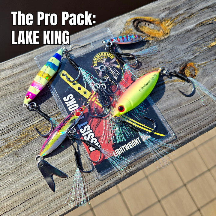 Lake King Pro Pack featuring slow pitch fishing jigs and assist hooks for freshwater and saltwater fishing