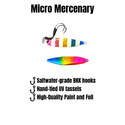 Submission Fishing Micro Mercenary slow pitch jig featuring saltwater-grade BKK hooks, hand-tied UV tassels, and high-quality paint and foil finish.