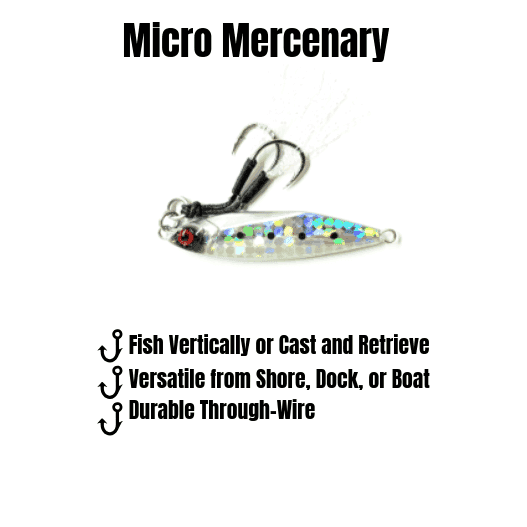 Submission Fishing Micro Mercenary slow pitch jig highlighting vertical jigging, cast-and-retrieve versatility, and durable through-wire construction.