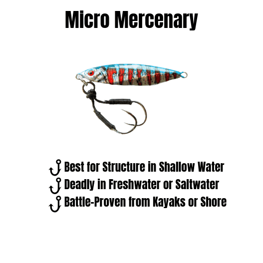 Submission Fishing Micro Mercenary slow pitch jig designed for shallow-water structure fishing, effective in freshwater and saltwater from kayaks, docks, boats, and shore.
