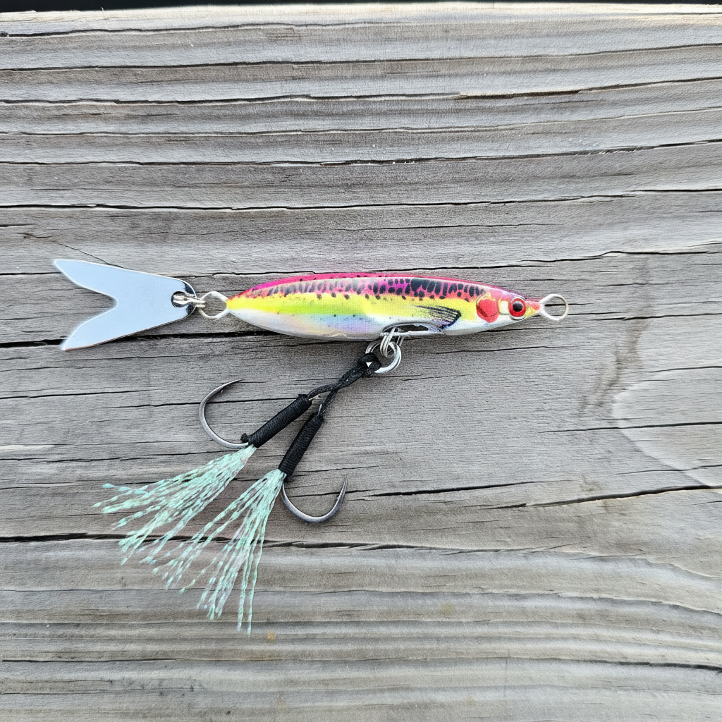 Rainbow Trout Death Blade slow pitch fishing jig with assist hook and flashing fish tail blade displayed on a wooden surface