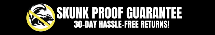 Skunk proof guarantee banner with skunk icon and text on a black background