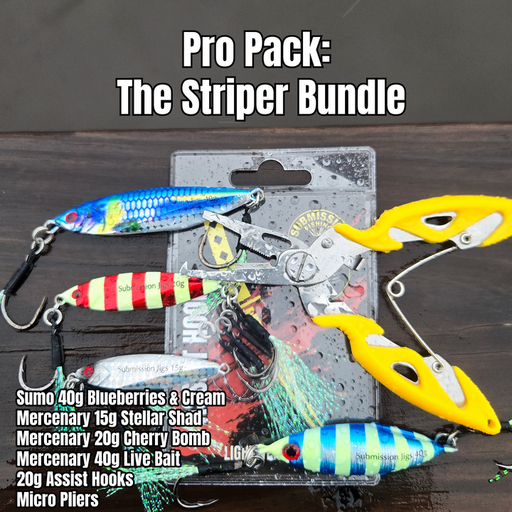 Fishing lures and tools with packaging on a wooden surface, labeled 'Pro Pack: The Striper Bundle'.