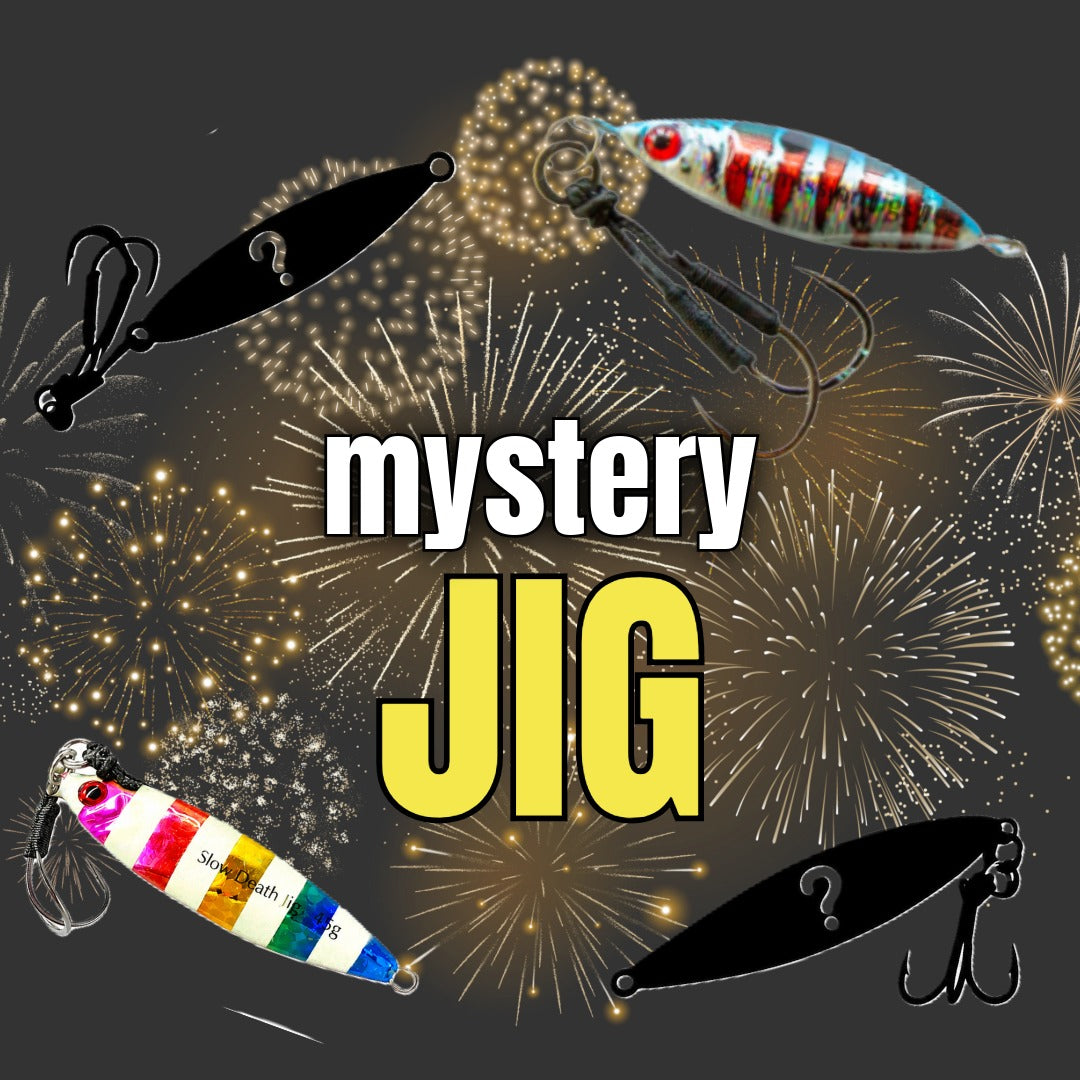 Submission Fishing 2026 Independence Day Sale promotional graphic featuring Mystery Jig surprise fishing lures with fireworks background.