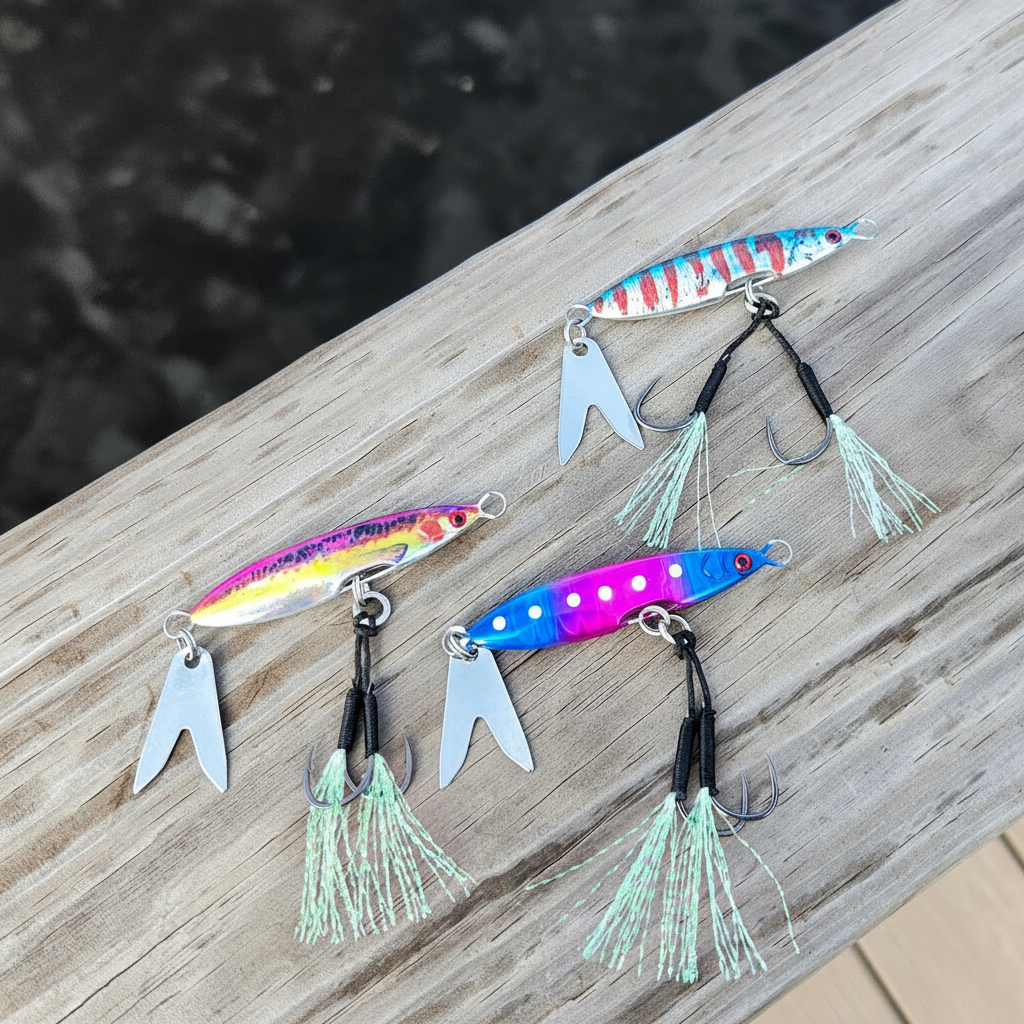 Submission Fishing Death Blade 3-pack slow pitch jigs featuring three color variations with assist hooks and fishtail blades displayed on a weathered wooden dock.