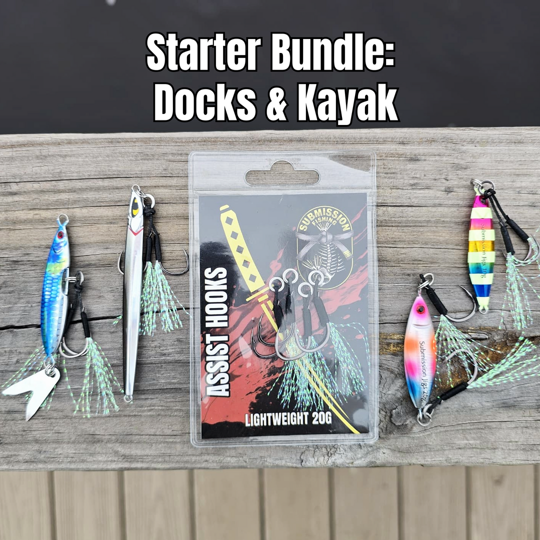 Submission Fishing Docks &amp; Kayak Starter Bundle featuring micro slow pitch jigs and assist hooks for freshwater and saltwater fishing from docks, kayaks, lakes, bays, and surf.
