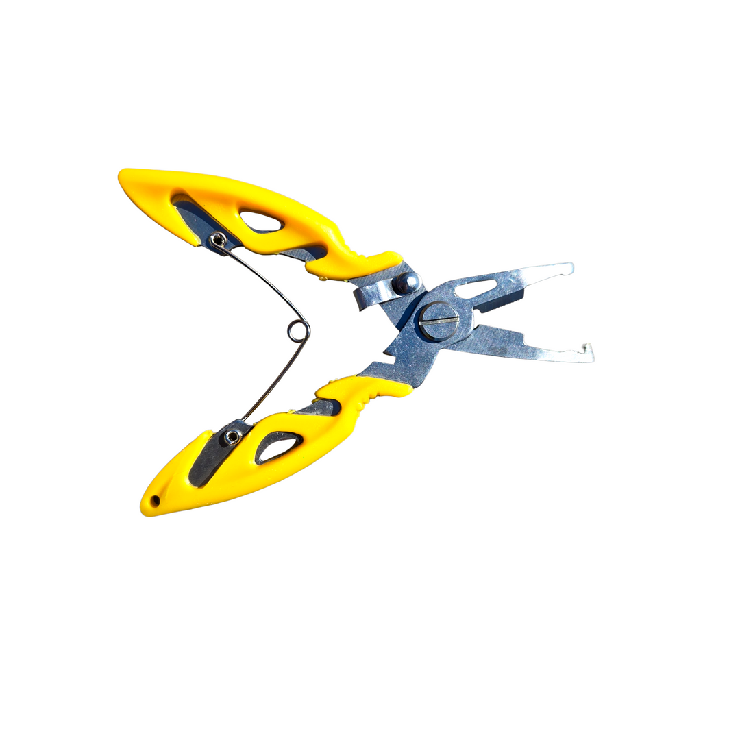 Open 4-inch stainless steel Submission Fishing micro fishing pliers with braid cutter, split ring tip, and non-slip yellow handles.