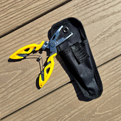 Submission Fishing 4-inch stainless steel micro fishing pliers with braid cutter, split ring tip, non-slip grip, and protective nylon sheath.