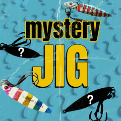 Promotional graphic for Submission Fishing Mystery Jig featuring assorted slow pitch fishing jigs and surprise color selection.