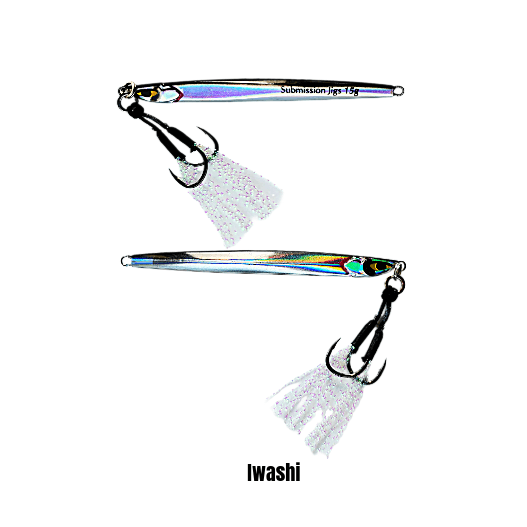 Front and back view of the Submission Fishing Ogre Jr slow pitch jig in the Iwashi color with assist hooks on a white background.