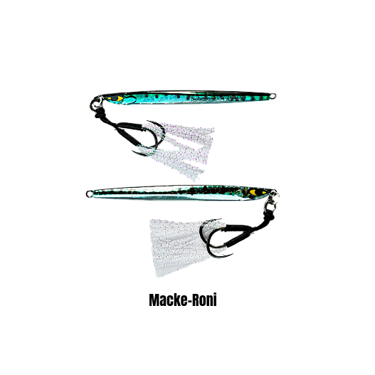 Front and back view of the Submission Fishing Ogre Jr slow pitch jig in the Macke-Roni color with assist hooks on a white background.