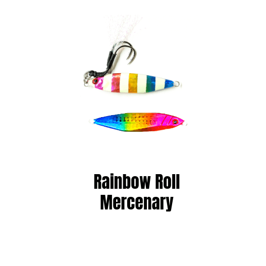 Rainbow Roll Micro Mercenary slow pitch jig in both sizes with premium BKK assist hooks – Submission Fishing Co.